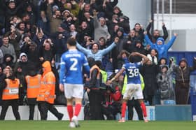 Ebou Adams celebrates his Pompey equaliser against Southampton. Picture: Charlie Crowhurst/Getty Images