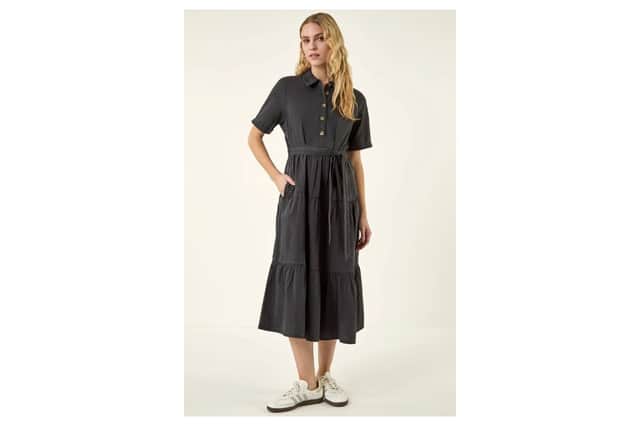 Black button detail tiered midi dress