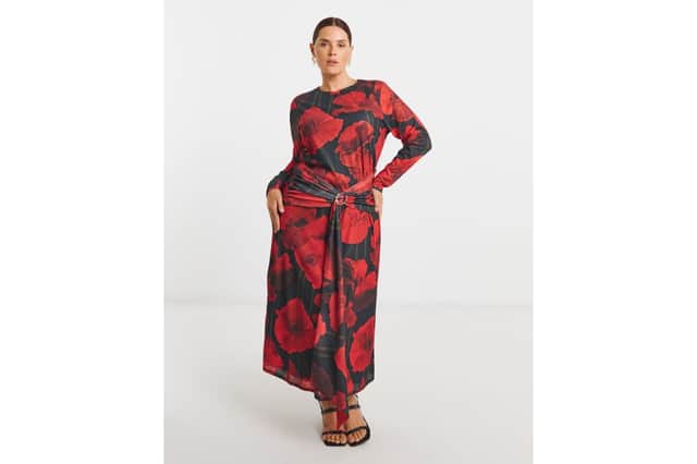 Red Floral Print Mesh Ruched Buckle Detail Midi Dress
