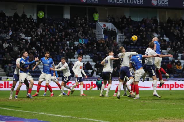 Connor Ogilvie sent a stoppage-time header straight at keeper Dai Cornell in Pompey's 1-0 defeat at Preston. Picture: Alun Roberts/ProSportsImages