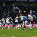 Connor Ogilvie sent a stoppage-time header straight at keeper Dai Cornell in Pompey's 1-0 defeat at Preston. Picture: Alun Roberts/ProSportsImages