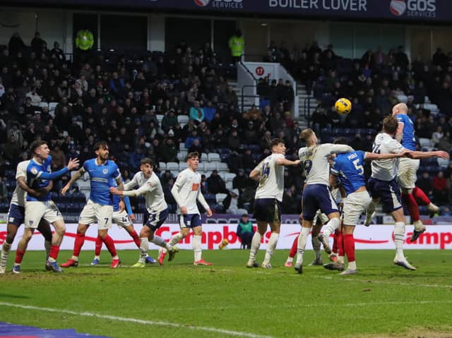 Connor Ogilvie sent a stoppage-time header straight at keeper Dai Cornell in Pompey's 1-0 defeat at Preston. Picture: Alun Roberts/ProSportsImages