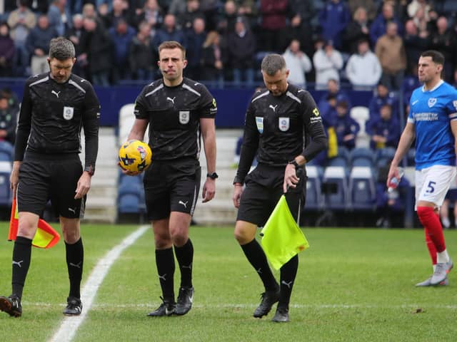 Referee Adam Herczeg, centre, was under the spotlight on Sky Sports today for failing to give Pompey a penalty at Preston. Pic: Alun Roberts/ProSportsImages
