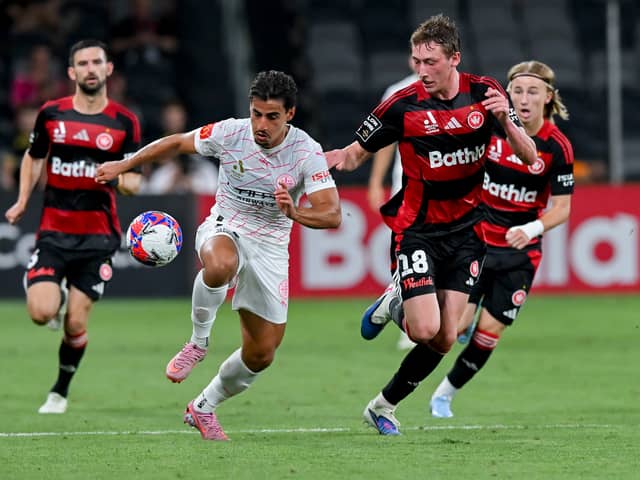 Pompey defender Jacob Farrell in action for Western Sydney Wanderers against Melbourne City on Saturday. Pic: Getty