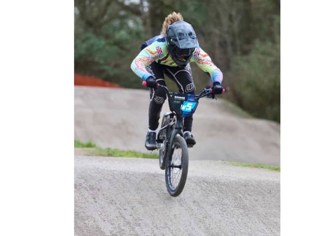 Annabel Townsend on her BMX bike which has been stolen.