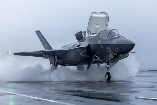F-35B Lightning jet launches from HMS Prince of Wales, heading back to its home base, RAF Marham, Norfolk, as Op HIGHMAST nears completion.