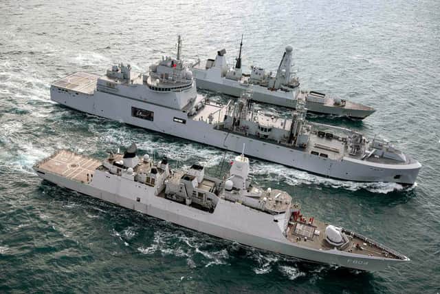 HNLMS De Ruyer FS Jacques Stosskopf and HMS Daring in a double RAS