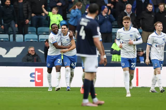 Gustavo Caballero celebrates opening the scoring for Pompey in their 3-1 win at Millwall. Picture: Stephen Flynn/ProSportsImages