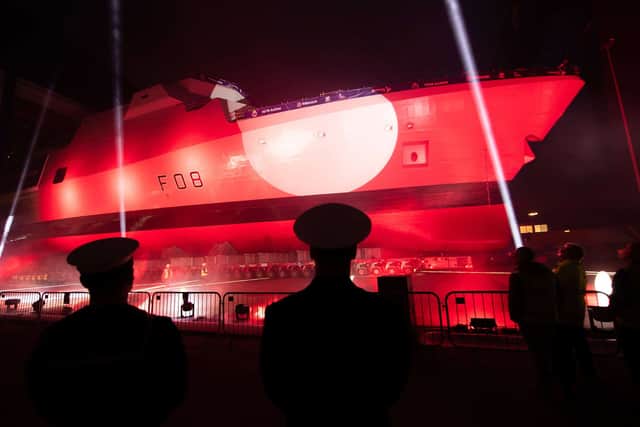 New Type 31 frigate HMS Active being rolled out of the Babcock International assembly hall in Rosyth, Scotland. She will soon be part of the Royal Navy fleet and based in Portsmouth.