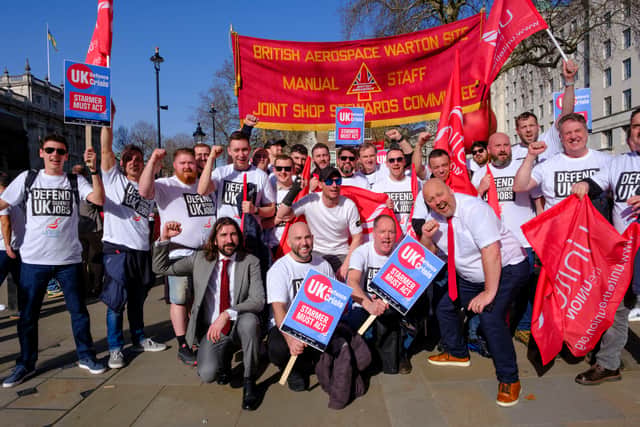 Unite the Union General Secretary Sharon Graham with Aerospace sector members & reps demonstrate outside Downing Street.