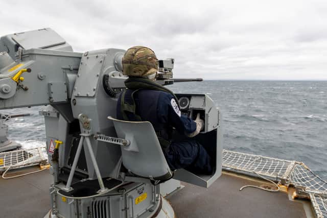 Portsmouth-based Royal Navy Destroyer HMS Duncan is taking part in an intensive training scenario designed to mimic the modern-day threats of drones. Pictured is the 30mm aimer closed up in the local position during Exercise Sharpshooter.