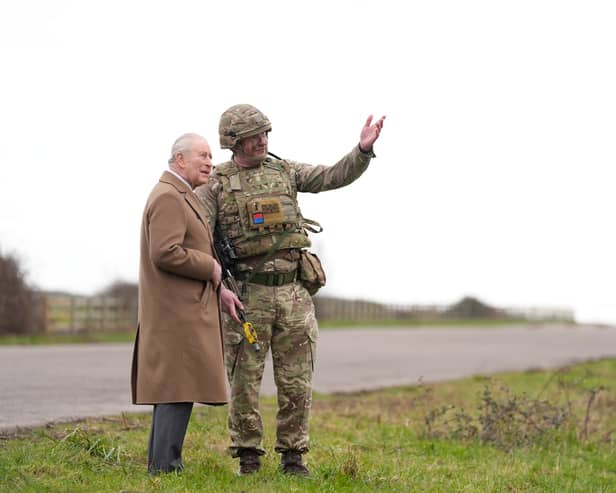 King Charles III during a visit to the Royal Regiment of Artillery at Baker Barracks, Emsworth, Hampshire.