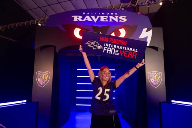 Jamie Pembroke at the surprise reveal of her winning Baltimore Ravens International Fan of the Year at the Staggeringly Good Brewery.
