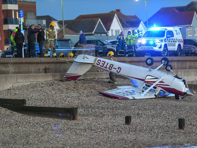 A light aircraft crashed at the seafront in Lee-on-the-Solent in Hampshire on Saturday afternoon, emergency services pictured at the scene. Picture: Paul Jacobs/pictureexclusive.com