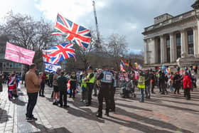 Police keep "Portsmouth Patriots" and "Stand Up To Racism" groups apart at the rally in Guildhall Square, Portsmouth
Picture: Chris Moorhouse (280226-17)