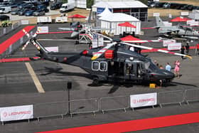 A large £1bn deal has been agreed to buy 23 new medium helicopters for the RAF and Army. Pictured: A Leonardo AW149 helicopter is displayed at the Farnborough Airshow in July 18, 2022.