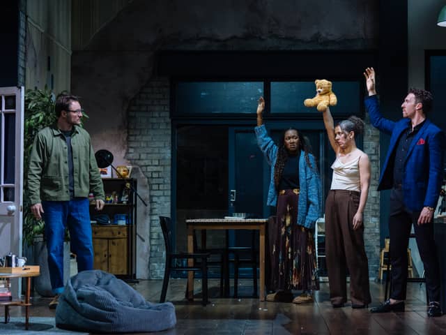 James Bye (Sam), Shvorne Marks (Jenny), Natalie Casey (Lauren) and Grant Kilburn (Ben) appear in 2:22 A Ghost Story at the Kings Theatre until Saturday. Picture: Helen Murray