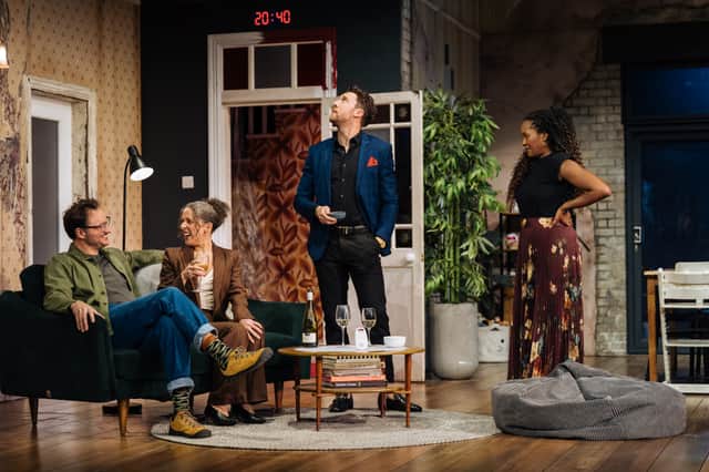 James Bye (Sam), Natalie Casey (Lauren), Grant Kilburn (Ben) and Shvorne Marks (Jenny) appear in 2:22 A Ghost Story at the Kings Theatre until Saturday. Photo Helen Murray