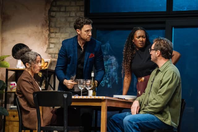 James Bye, Shvorne Marks, Grant Kilburn and Natalie Casey appear in 2:22 A Ghost Story at the Kings Theatre until Saturday. Photo: Helen Murray