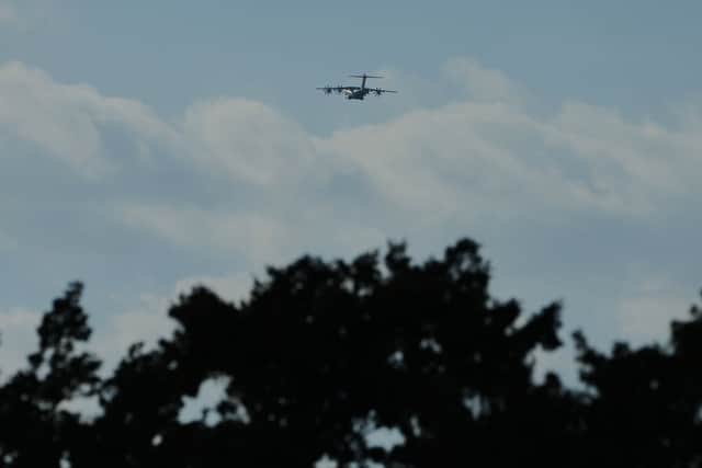 A transport aircraft takes off from U.K.'s RAF Akrotiri air base after it was hit by a drone strike early morning near Limassol, Cyprus, Monday, March, 2, 2026.