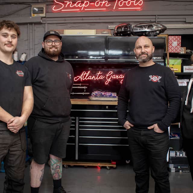 Alfie Watt, Marcus Ponter,  owner Nick Buck and Jo Buck at Atlanta Garage, Stamshaw, Portsmouth