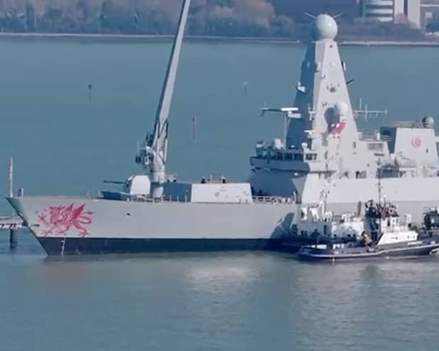 HMS Dragon being readied in Portsmouth on March 4 ahead of the warship’s deployment to Cyprus.