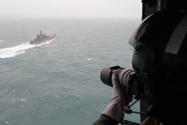 Prime minister Sir Keir Starmer has announced that British forces will start seizing Russian shadow fleet ships. Pictured: HMS Tyne tracks RFN Aleksandr Otrakovsky, which was protecting illicit cargo ships.