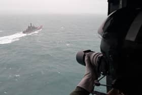 Prime minister Sir Keir Starmer has announced that British forces will start seizing Russian shadow fleet ships. Pictured: HMS Tyne tracks RFN Aleksandr Otrakovsky, which was protecting illicit cargo ships.