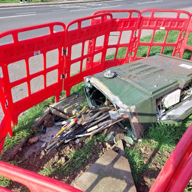 The cabinet has been significantly damaged after a police car crashed into it on Tuesday, March 3. Openreach estimated that 250 households have been affected by the incident with the "complex" repair set to begin on Friday, March 6.
