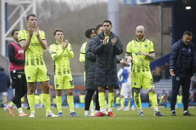 Pompey’s disappointed players after the 1-1 draw at Blackburn. Picture: Paul Thompson/ProSportsImages