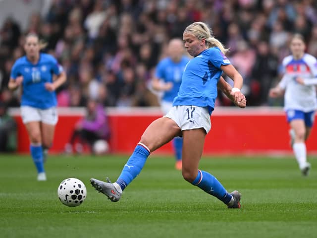 Ida Marin Hermannsdottir, the daughter of Pompey favourite Hermann Hreidarsson, lined up against England Women on Saturday. Harriet Massey/Getty Images