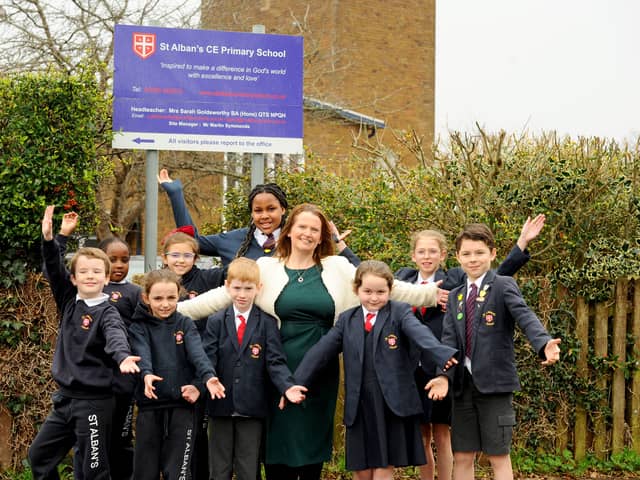 St Alban's CofE (Aided) Primary School in St Alban's Road, West Leigh, Havant, have received a positive Ofsted report. 

Pictured is: (middle) Headteacher Sarah Goldsworthy with students (l-r) Oscar Wiggins, Millie Hippolyte, Matha Legg, Sophie Englefield, Josh Tunnicliffe, Tiffany Famuditi, Penny Linington, Isla Gale and Thomas Crockford.

Picture: Sarah Standing (060326-523)