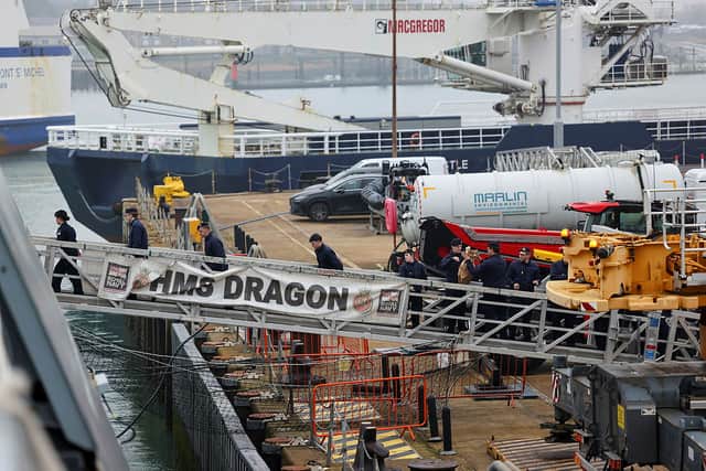 HMS Dragon Loading on stores, ready to deploy to the Mediterranean. The ship has been loading all stores and supplies throughout the weekend and completing any final preparations. HMS Dragon has been tasked for the Eastern Mediterranean and will depart Portsmouth in the coming days. The ship is alongside in HM Naval Base Portsmouth, preparing for upcoming taskings