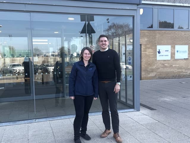 Sam Dawson, Head of Demand Management at Portsmouth Water, and Matt Low, Portsmouth Area Manager, outside the Mountbatten Leisure Centre.