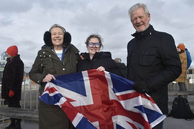 Debbie Hick, Jamie Hick and retired chief weapons engineer Geoff Hick from Hayling Island, waving off their friend Petty Officer Shona.