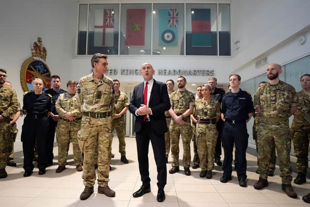 Defence Secretary John Healey thanks military personnel during a visit to the Permanent Joint Headquarters in Northwood, London, where he received an operational update on the situation in the Middle East and the defensive action the UK is taking to protect people, bases and partners in the region.