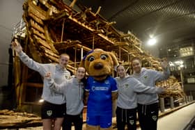 Pictured is: Portsmouth Women FC players (l-r) Hannah Coan, Jasmine Bull, captain, Meg Hornby and Jazz Younger with Mary Rose their new mascot.
Picture: Sarah Standing (100326-6557)