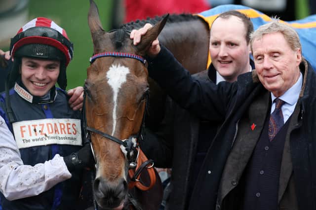 Jockey Ben Jones, left, celebrates with owner Harry Redknapp after winning the TrustATrader Plate Handicap Chase on board Shakem Up'arry during the Cheltenham Festival in 2024.
