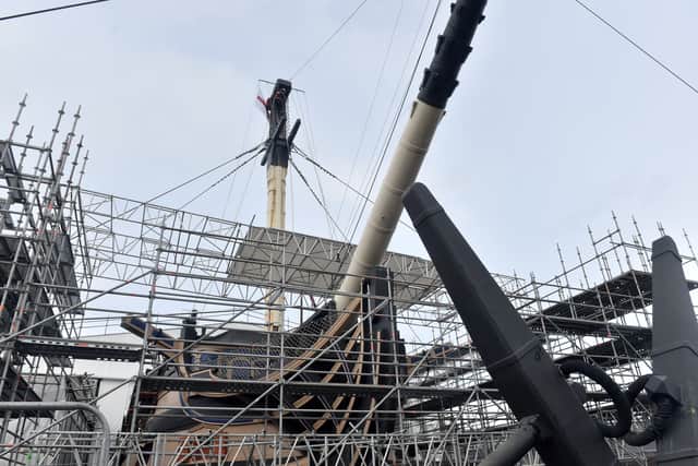 The latest stage of HMS Victory's Big Repair, a huge conservation effort to preserve the Royal Navy flagship for years to come. Pictured us Lord Nelson's flagship at Portsmouth Historic Dockyard on March 10, 2026.