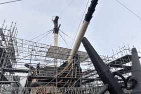 The latest stage of HMS Victory's Big Repair, a huge conservation effort to preserve the Royal Navy flagship for years to come. Pictured us Lord Nelson's flagship at Portsmouth Historic Dockyard on March 10, 2026.