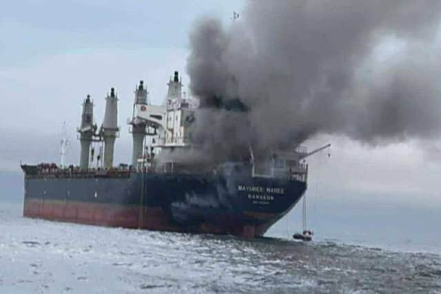 Thai cargo ship, Mayuree Naree, that was struck and set ablaze in the Strait of Hormuz on March 11