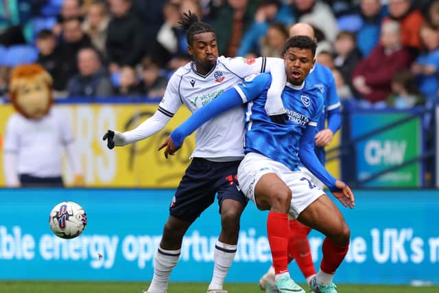 Paris Maghoma in action for Bolton v Pompey during the 2023-24 season.