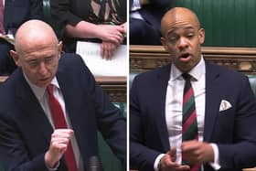 Defence secretary John Healey was tight-lipped when asked whether Royal Navy ship HMS Stirling Castle would be deployed to clear mines in the Strait of Hormuz, amid the ongoing hostilities in Iran. Pictured: Mr Healey and Conservative MP Ben Obese-Jecty.