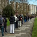 Students at the University of Kent queue for antibiotics after a meningitis outbreak.