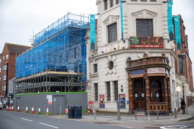 Pictured - The Kings Theatre remains covered in scaffolding as work continues
Photos by Alex Shute