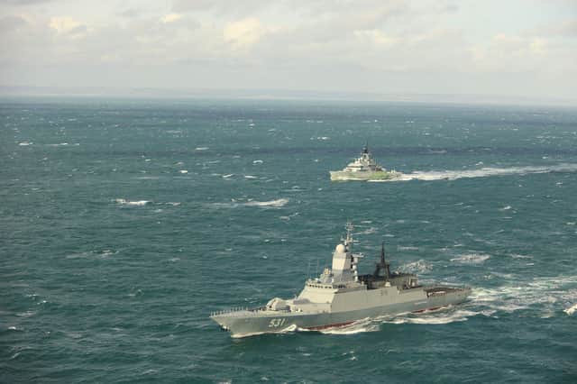 HMS Mersey and a Wildcat helicopter are monitoring Russian vessels in the English Channel