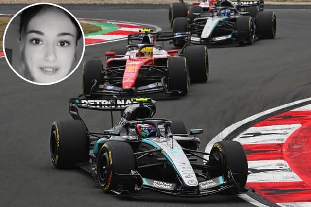 Lauren Ward, inset, and Mercedes driver Andrea Kimi Antonelli leading the Chinese Grand Prix.