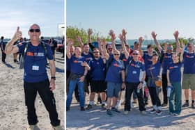 The Royal Navy firefighter training unit HMS Phoenix walked 10 miles from Farlington Marshes to Hayling Island raising money for Combat Stress. Pictured: Brent Vine and his team.