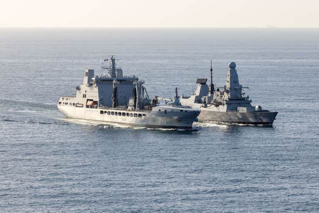 HMS Dragon being replenished by RFA Tideforce as she heads towards Cyprus.