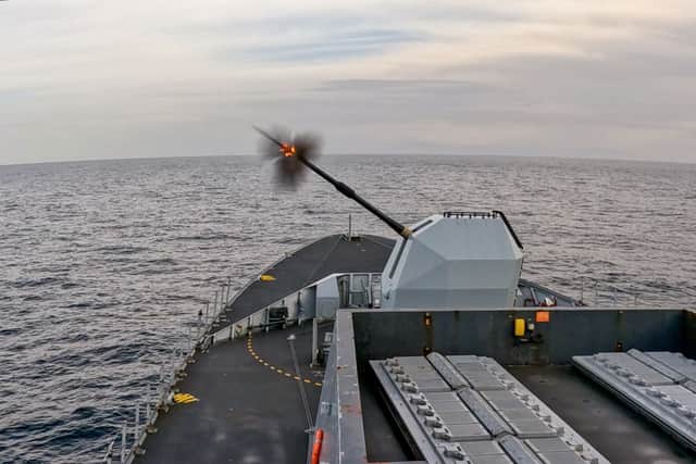 Pictured: 19 Mar 2026 en-route to Cyprus- HMS Dragon conducting Gunnery serials at sea using the ships 4.5 gun (pictured), 30mm and phalanx weaponry as part of Fleet Operational Standards and training exercises.